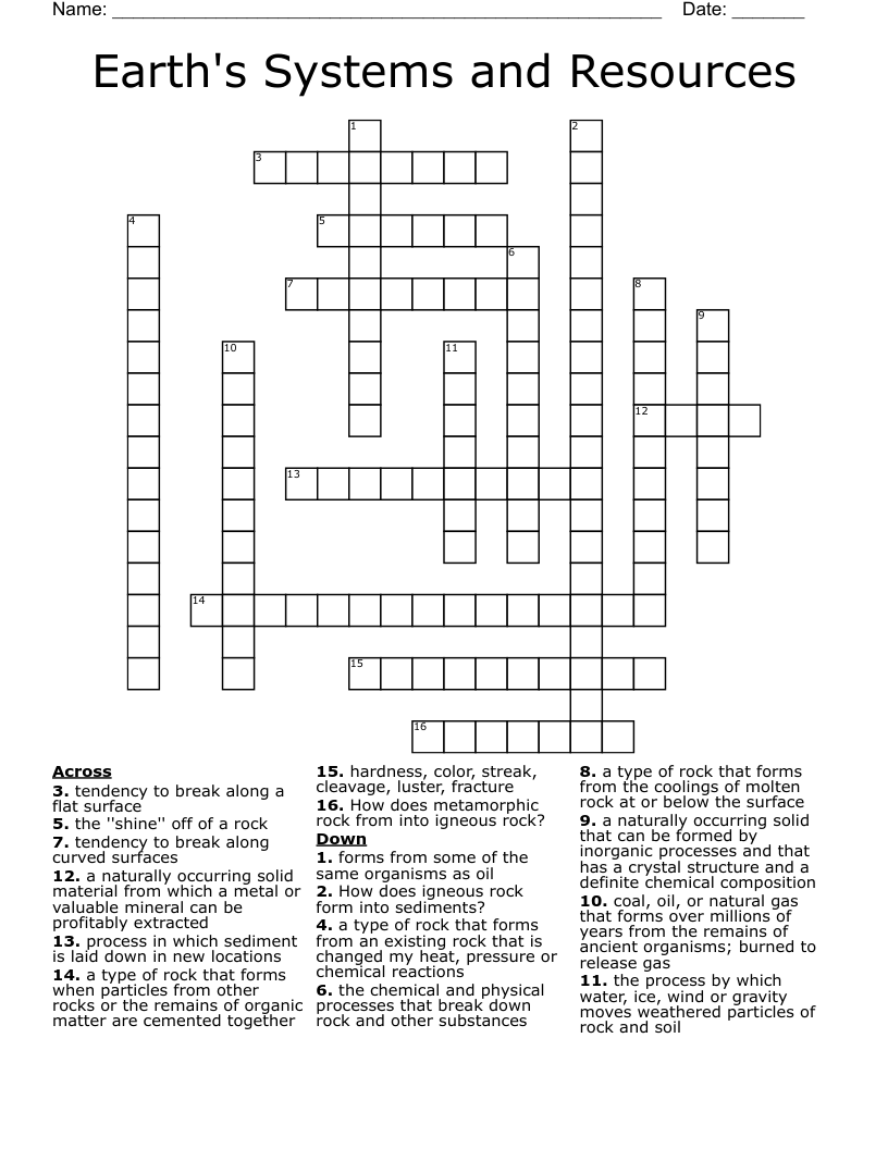 Earth's Systems and Resources Crossword