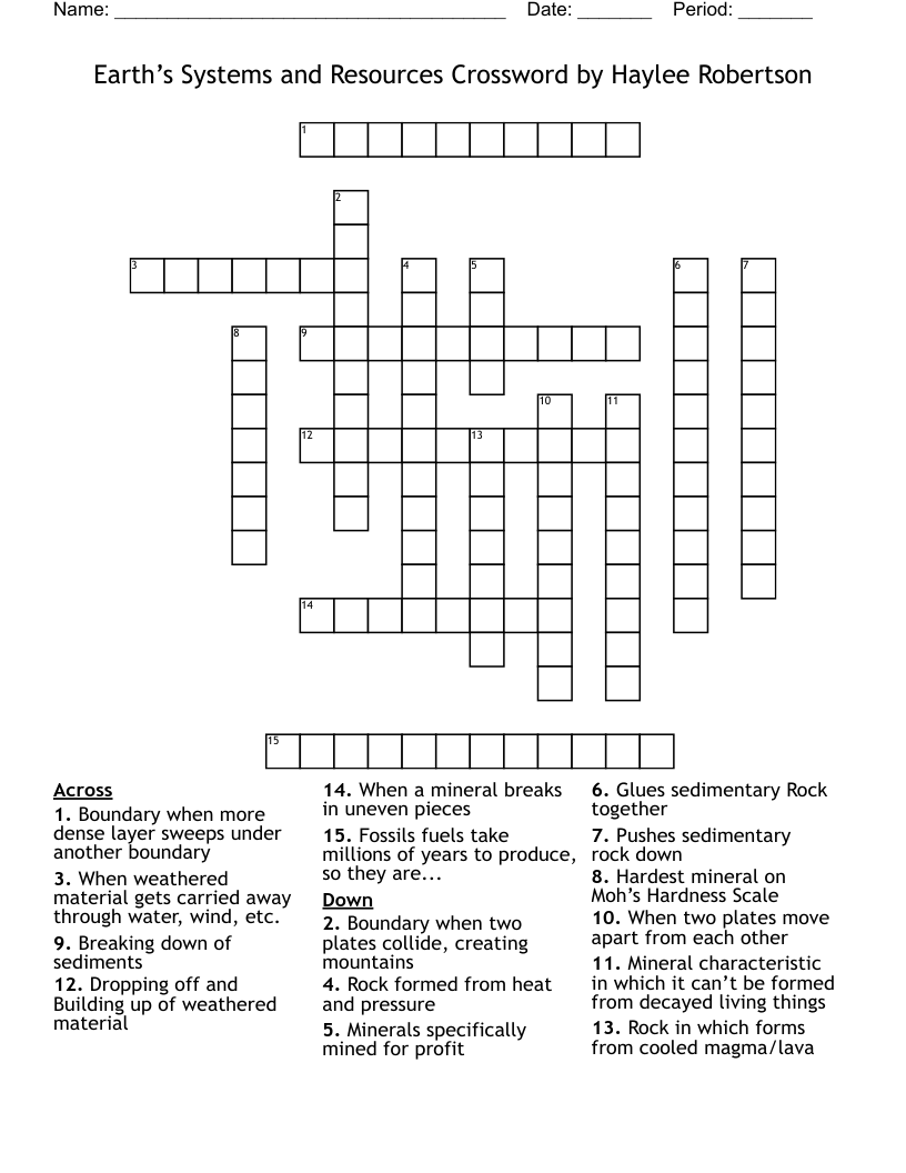 Earth’s Systems and Resources Crossword by Haylee Robertson