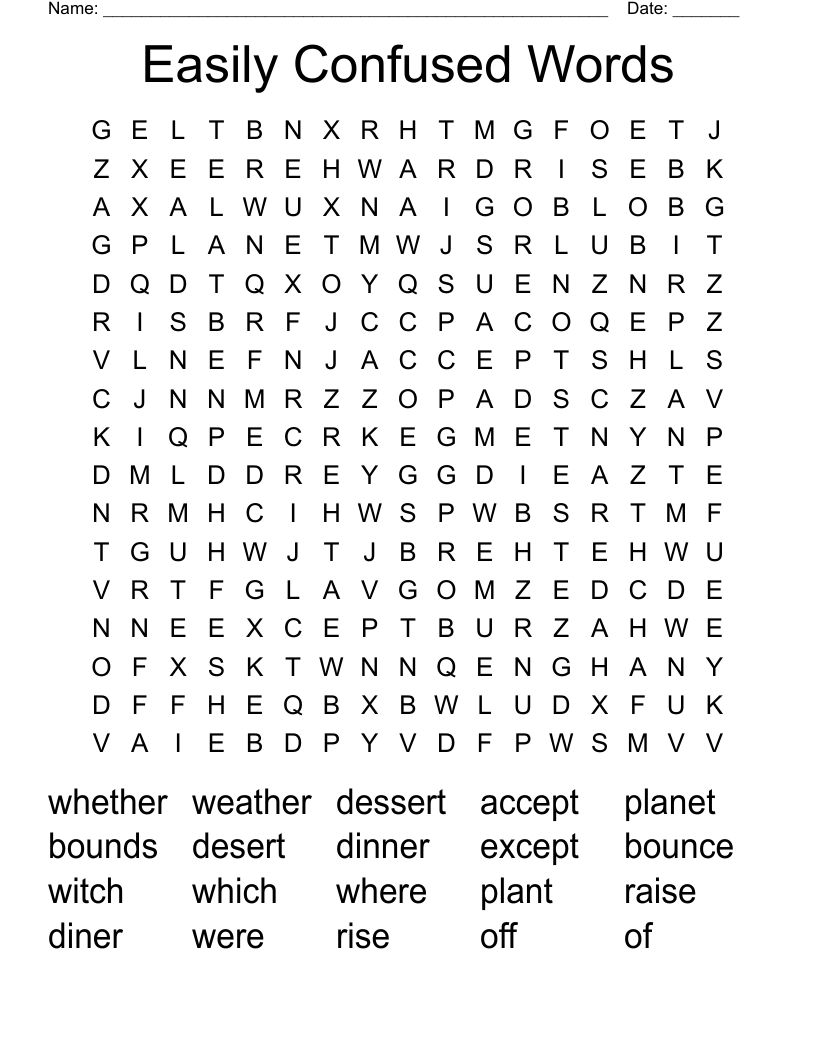 Easily Confused Words Word Search