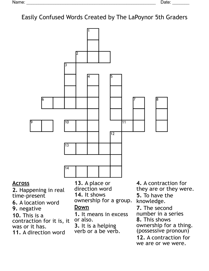Easily Confused Words Created by The LaPoynor 5th Graders Crossword