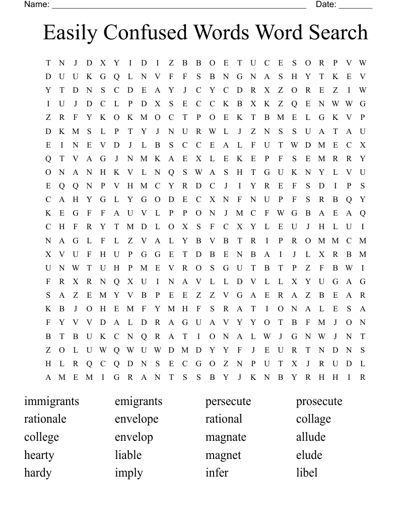 Easily Confused Words Word Search