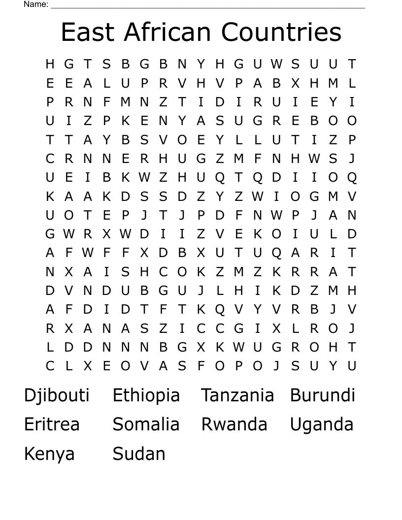East African Countries Word Search