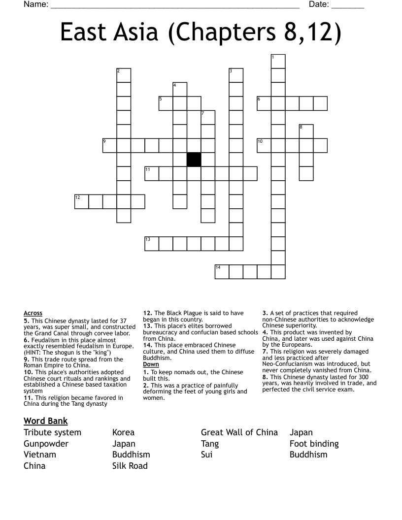 East Asia (Chapters 8,12) Crossword