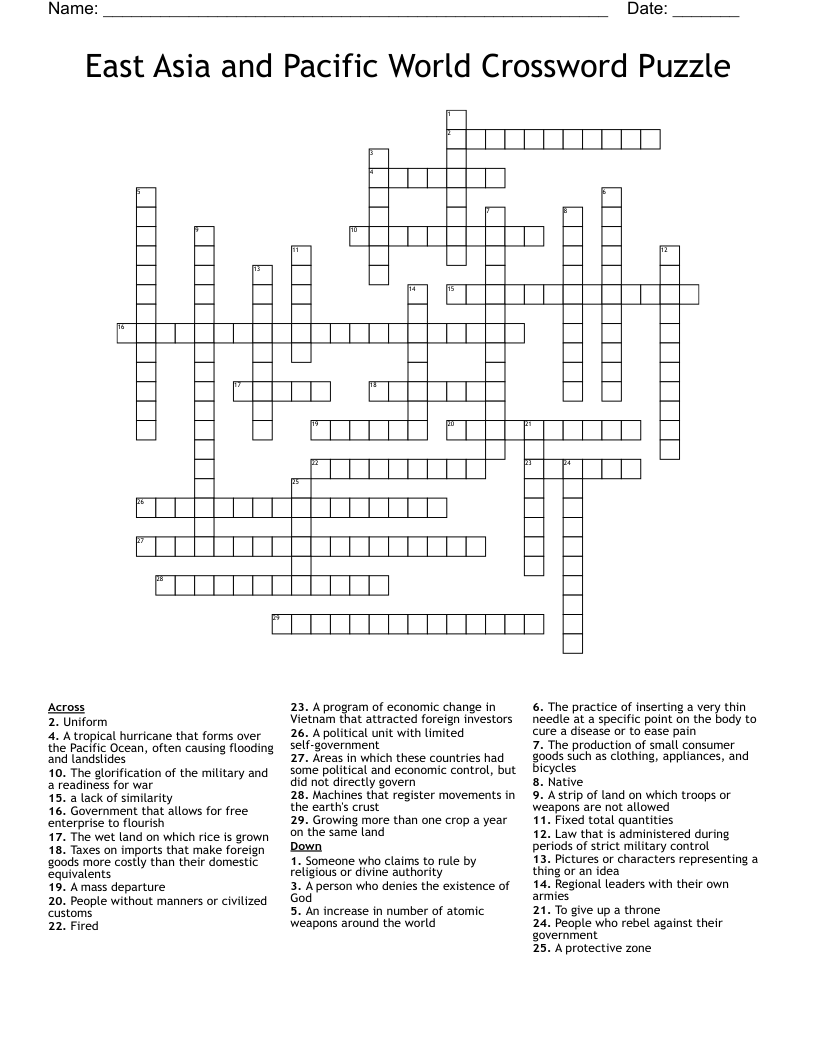 East Asia and Pacific World Crossword Puzzle