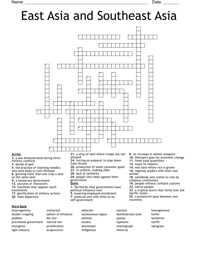 East Asia and Southeast Asia Crossword