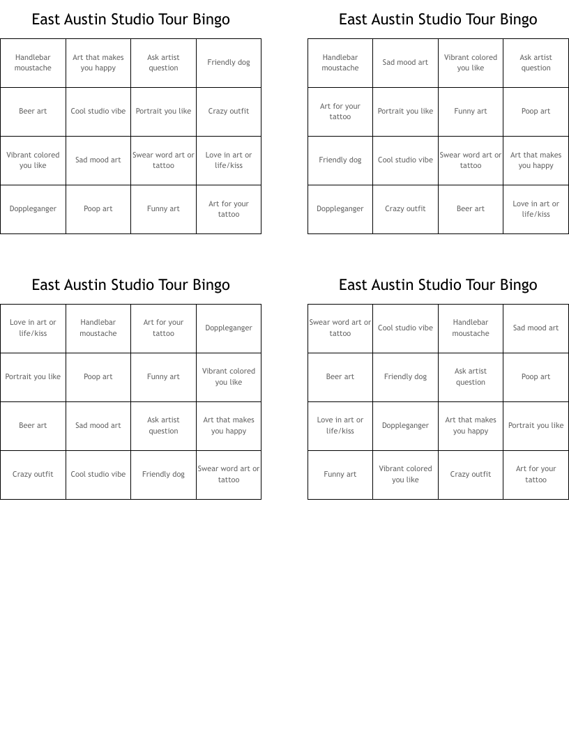 East Austin Studio Tour Bingo 
