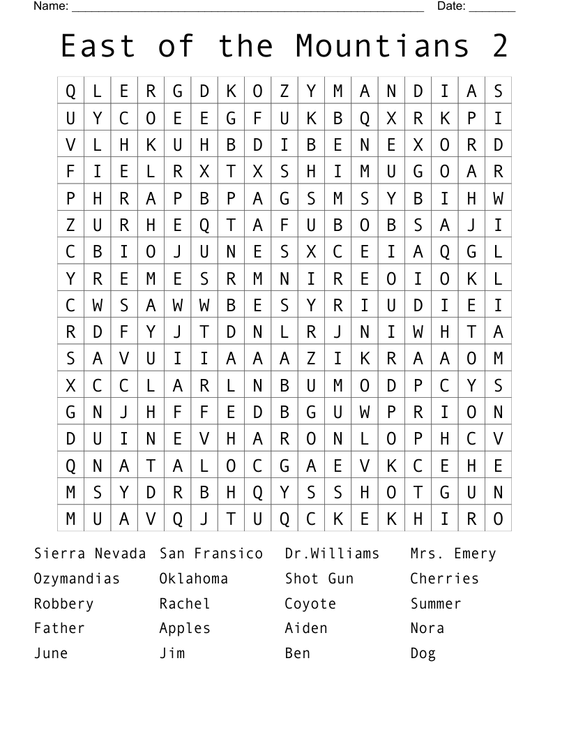 East of the Mountians 2 Word Search