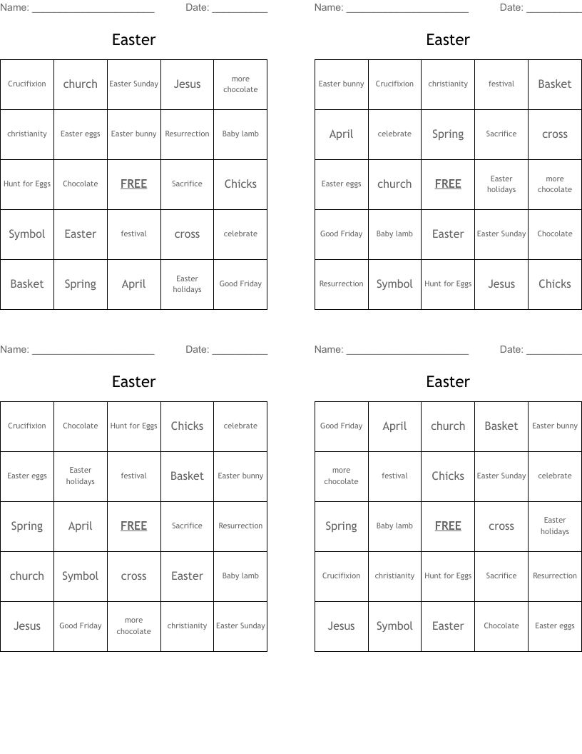 Easter Bingo Cards