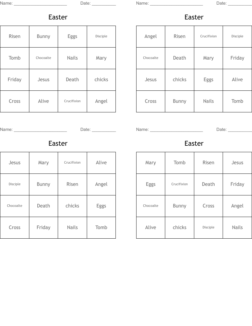 Easter Bingo Cards