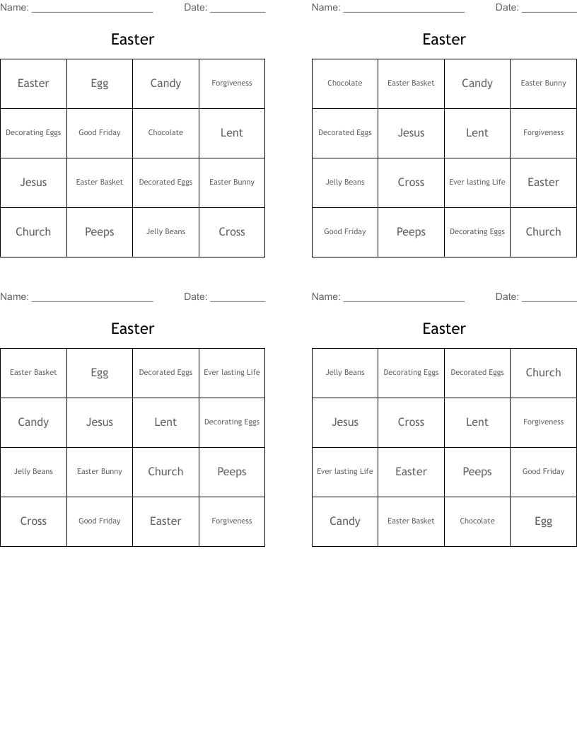 Easter Bingo Cards