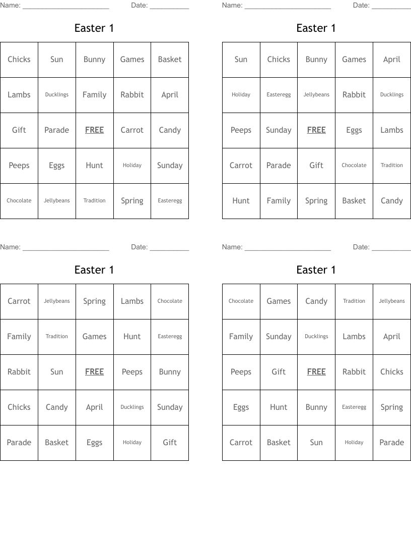 Easter 1 Bingo Cards