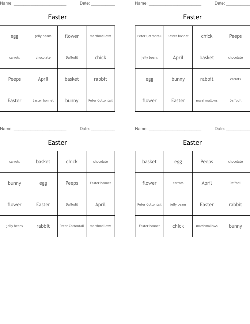 Easter Bingo Cards