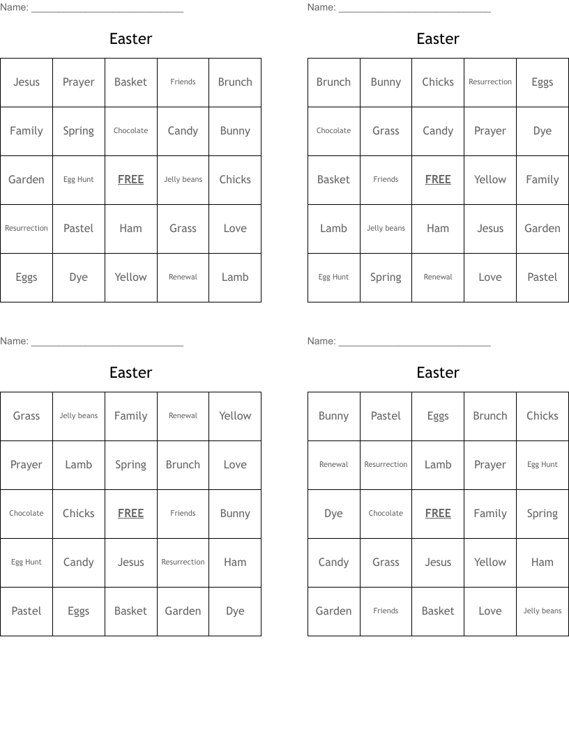 Easter Bingo Cards