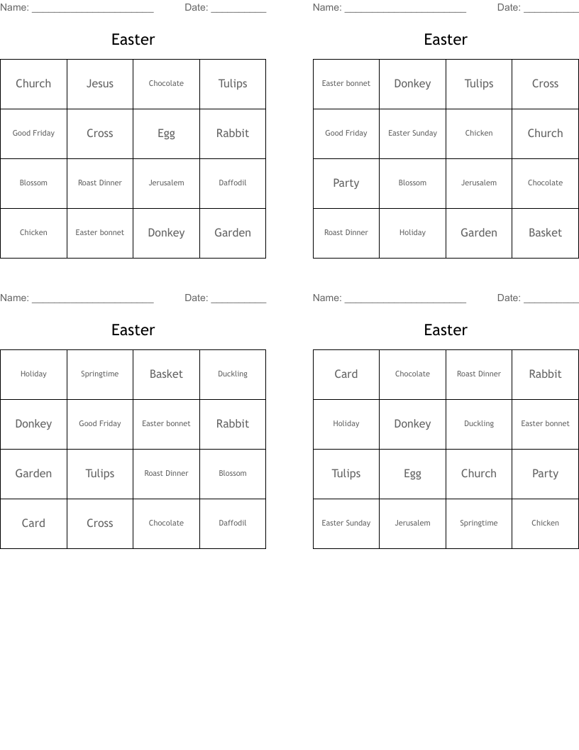 Easter Bingo Cards