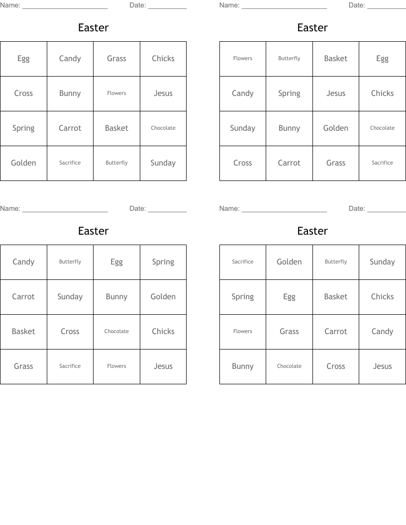 Easter Bingo Cards