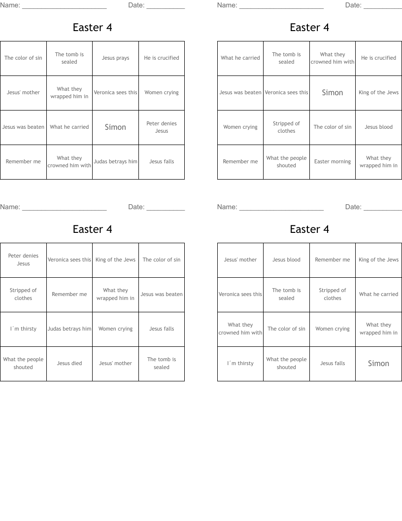 Easter 4 Bingo Cards