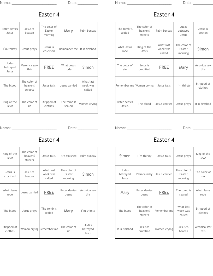 Easter 4 Bingo Cards