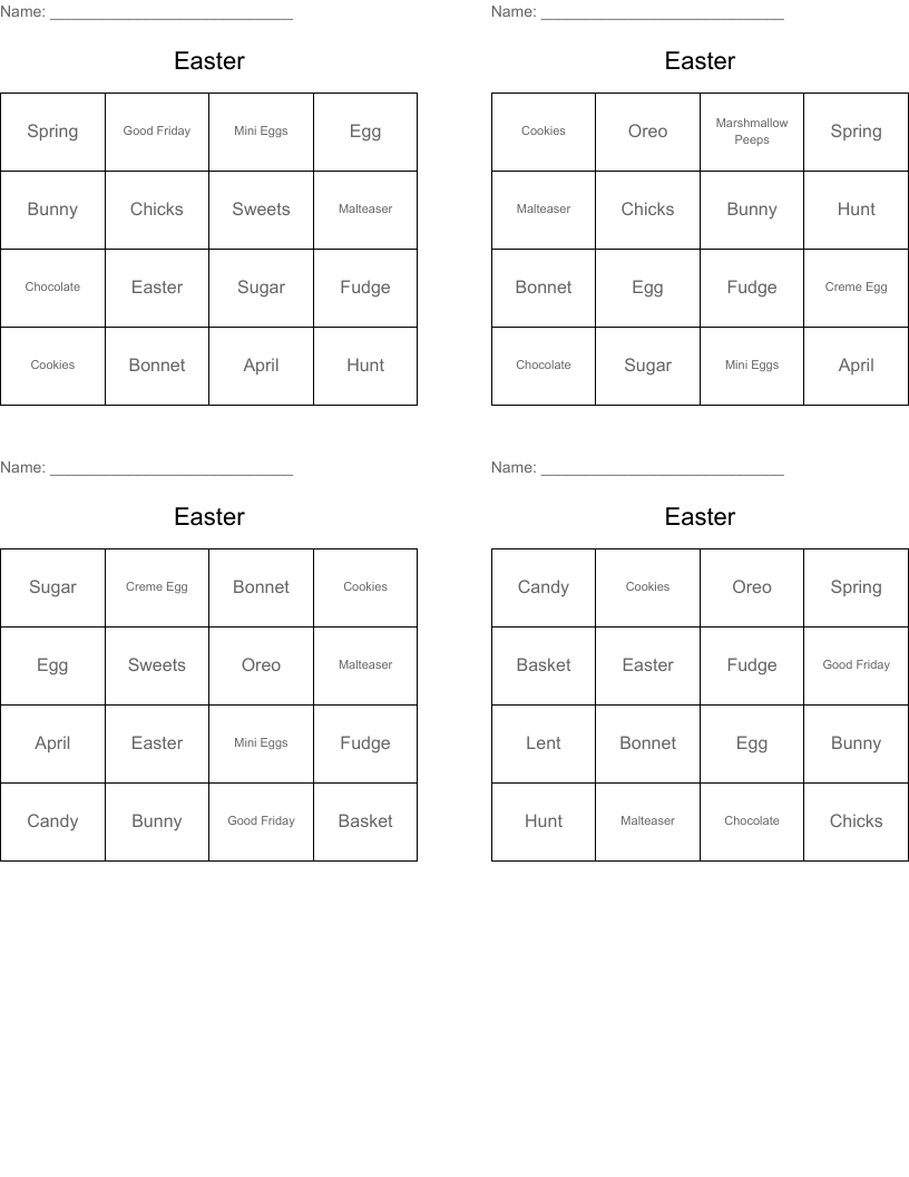 Easter Bingo Cards