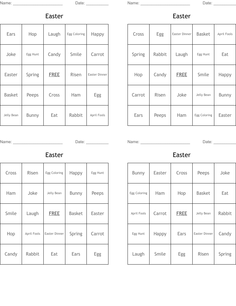 Easter Bingo Cards
