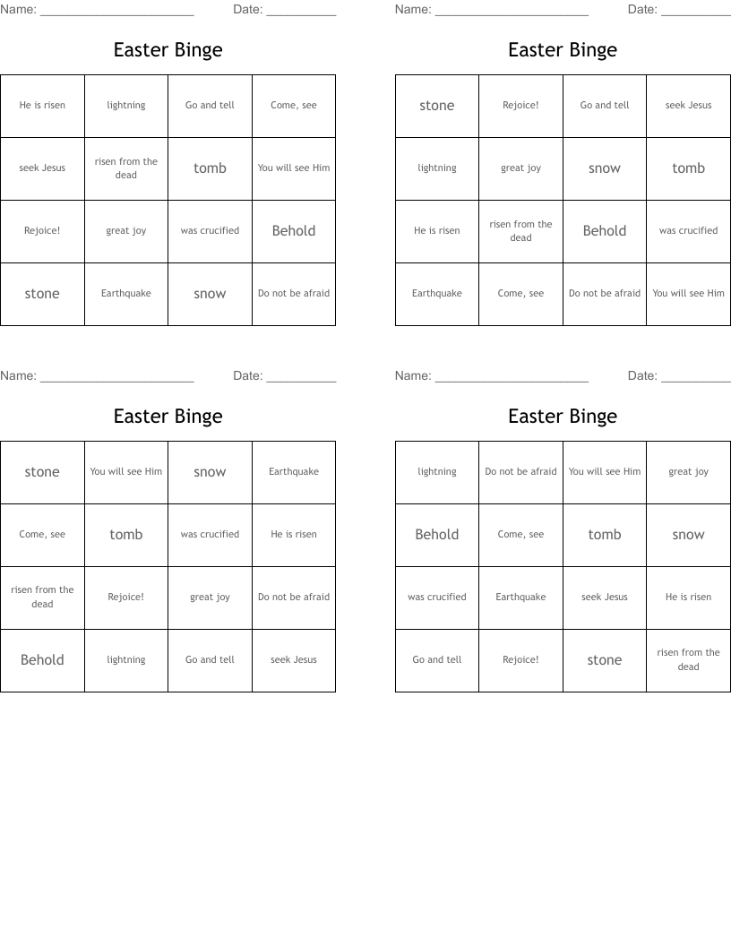 Easter Binge Bingo Cards