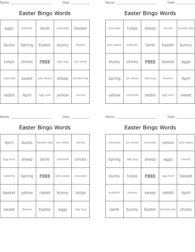 Easter Bingo Words