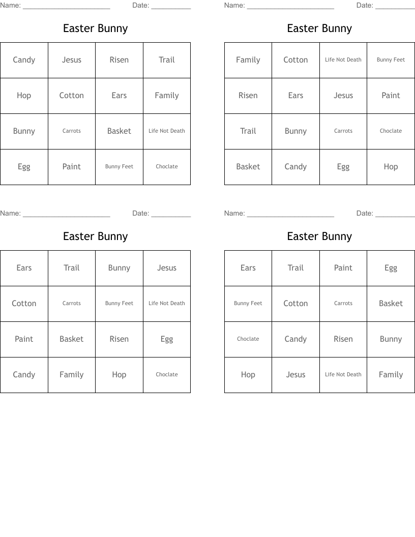Easter Bunny Bingo Cards