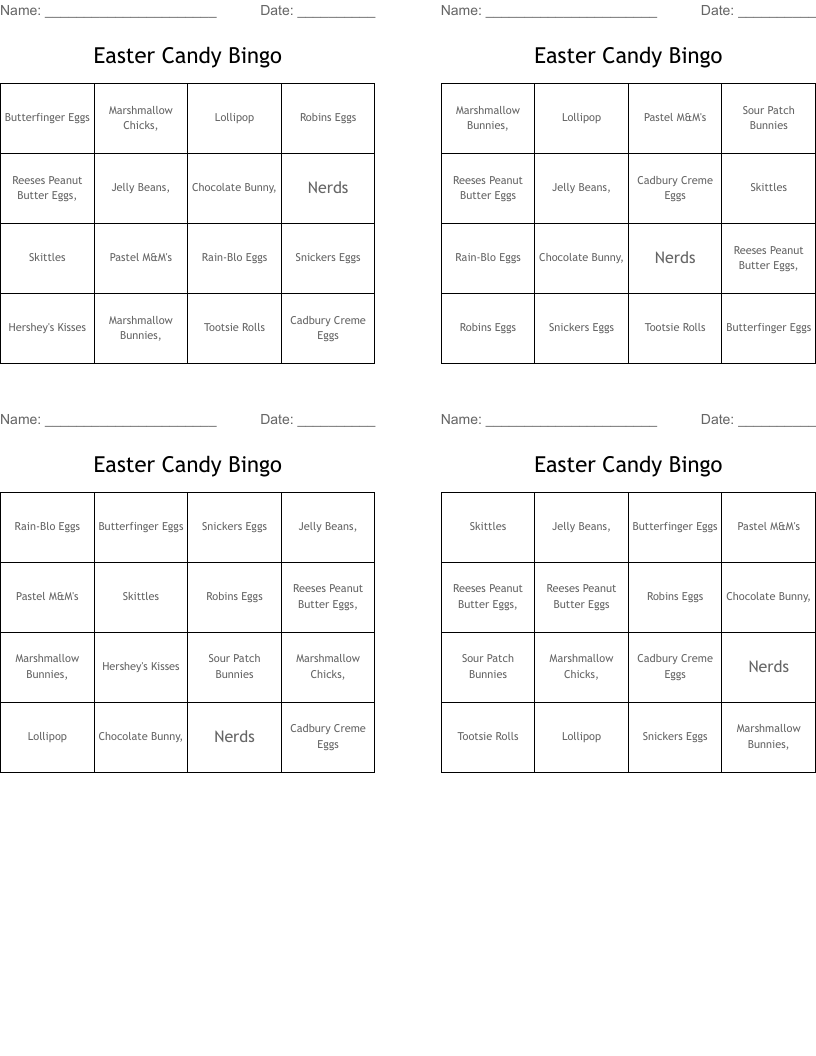 Easter Candy Bingo