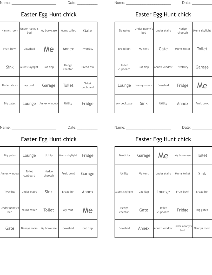 Easter Egg Hunt chick Bingo Cards