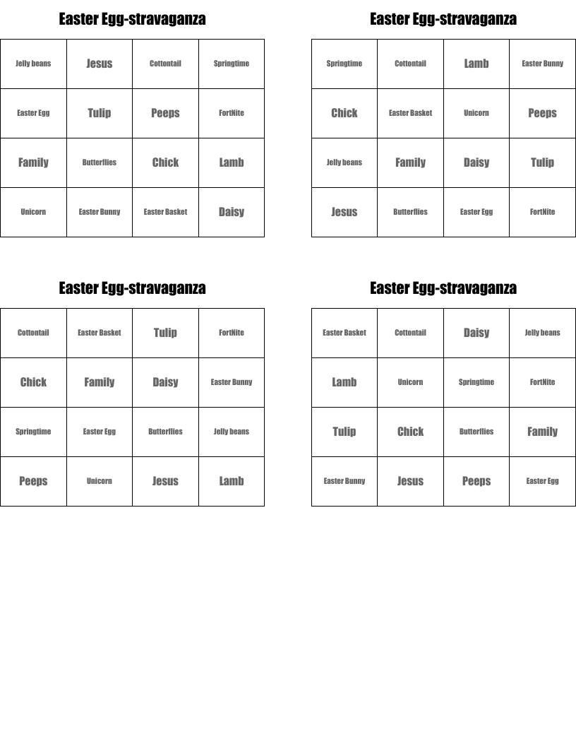 Easter Egg-stravaganza Bingo Cards