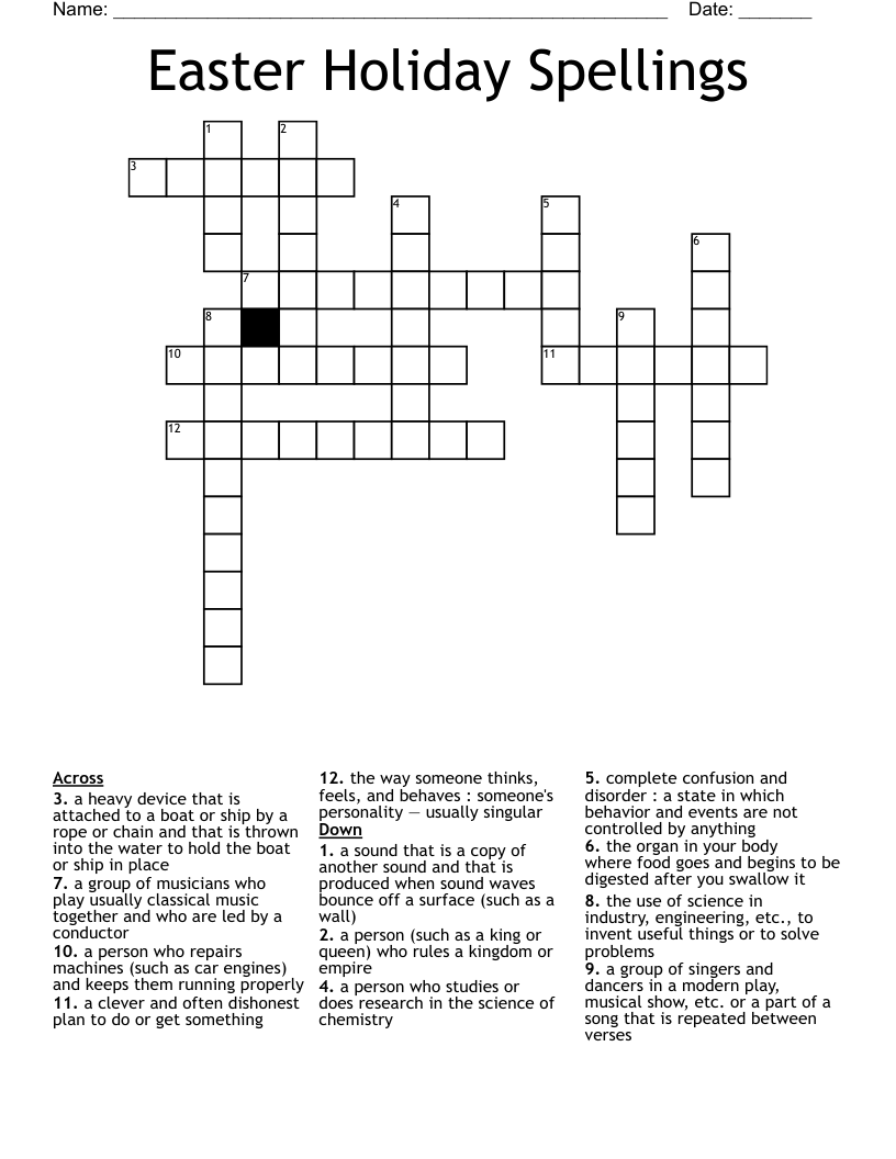 Easter Holiday Spellings Crossword