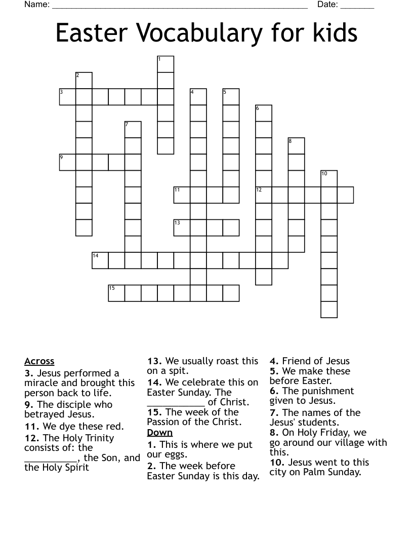 Easter Vocabulary for kids Crossword