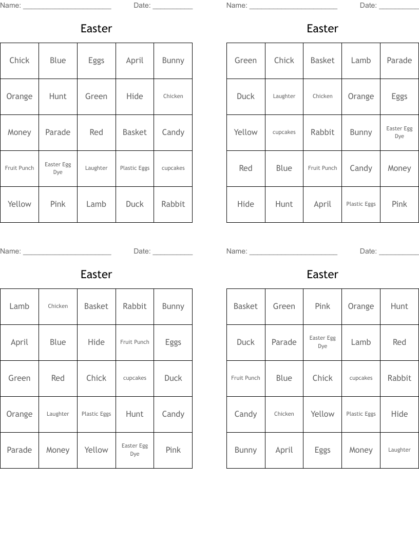 Easter  Bingo Cards