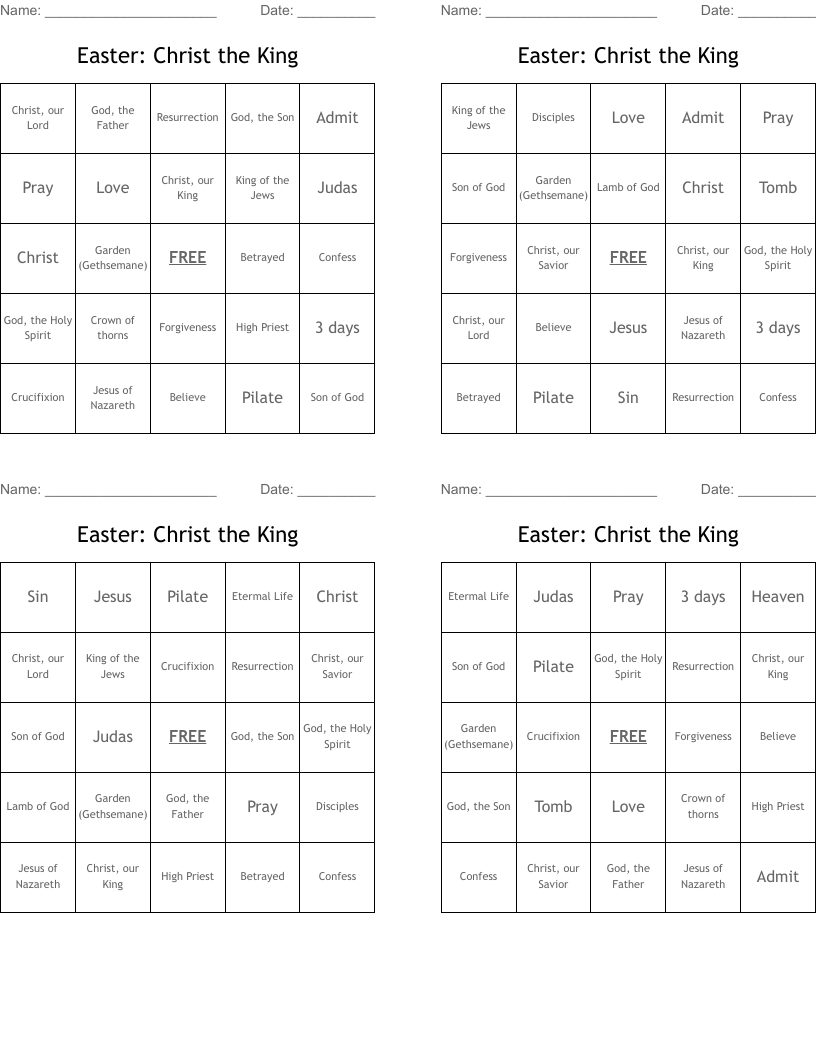 Easter:  Christ the King Bingo Cards