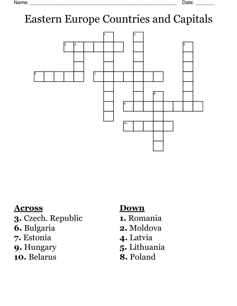 Eastern Europe Countries and Capitals Crossword