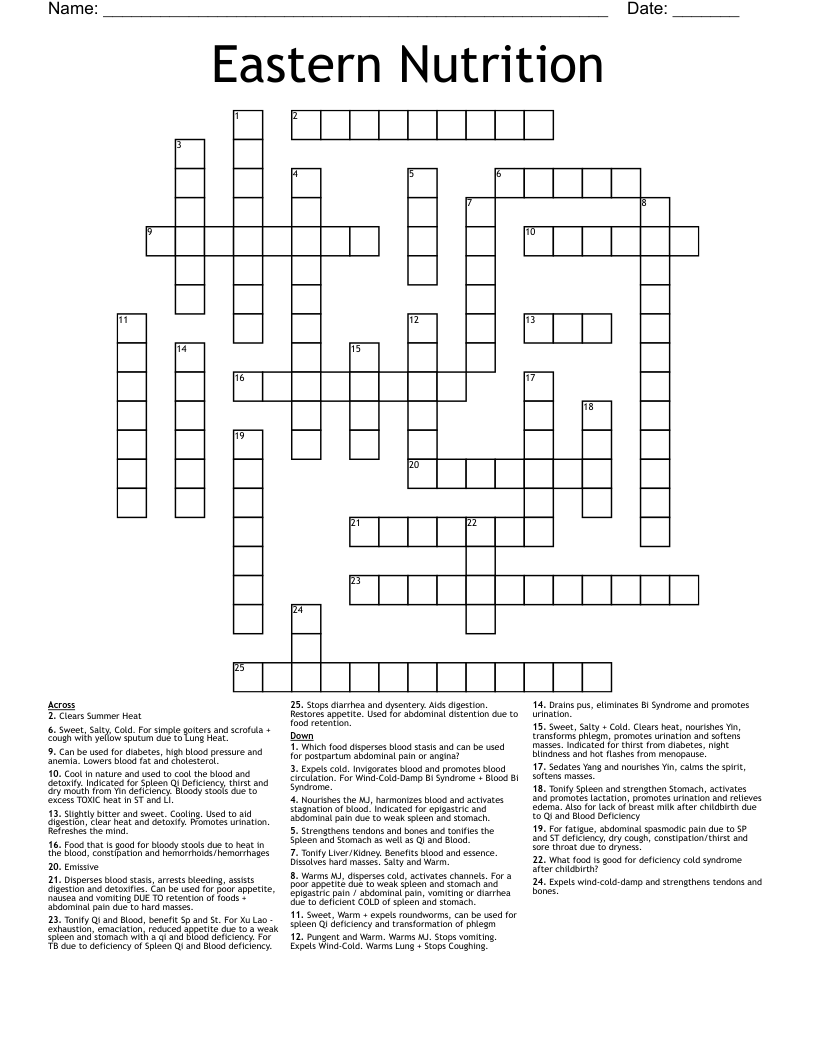 Eastern Nutrition Crossword