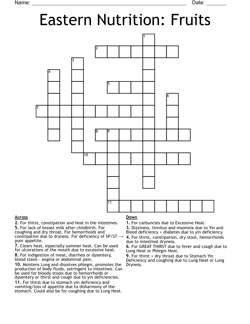 Eastern Nutrition: Fruits Crossword