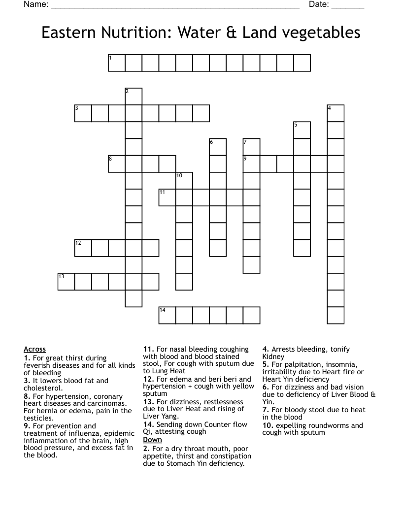Eastern Nutrition: Water & Land vegetables Crossword