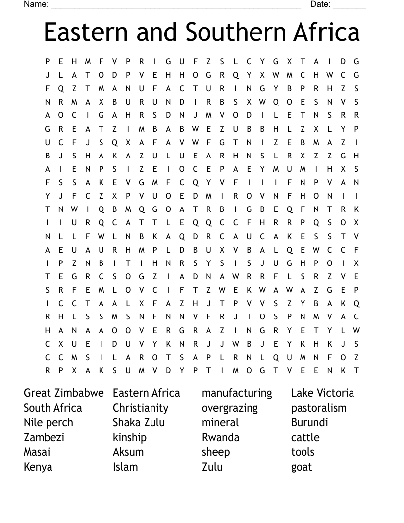 Eastern and Southern Africa Word Search