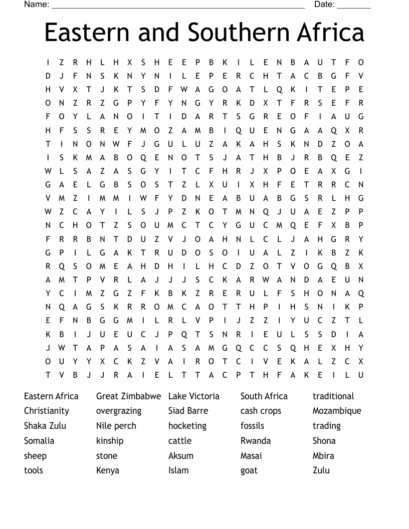 Eastern and Southern Africa Word Search