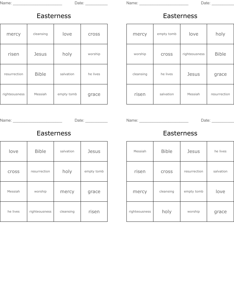 Easterness Bingo Cards