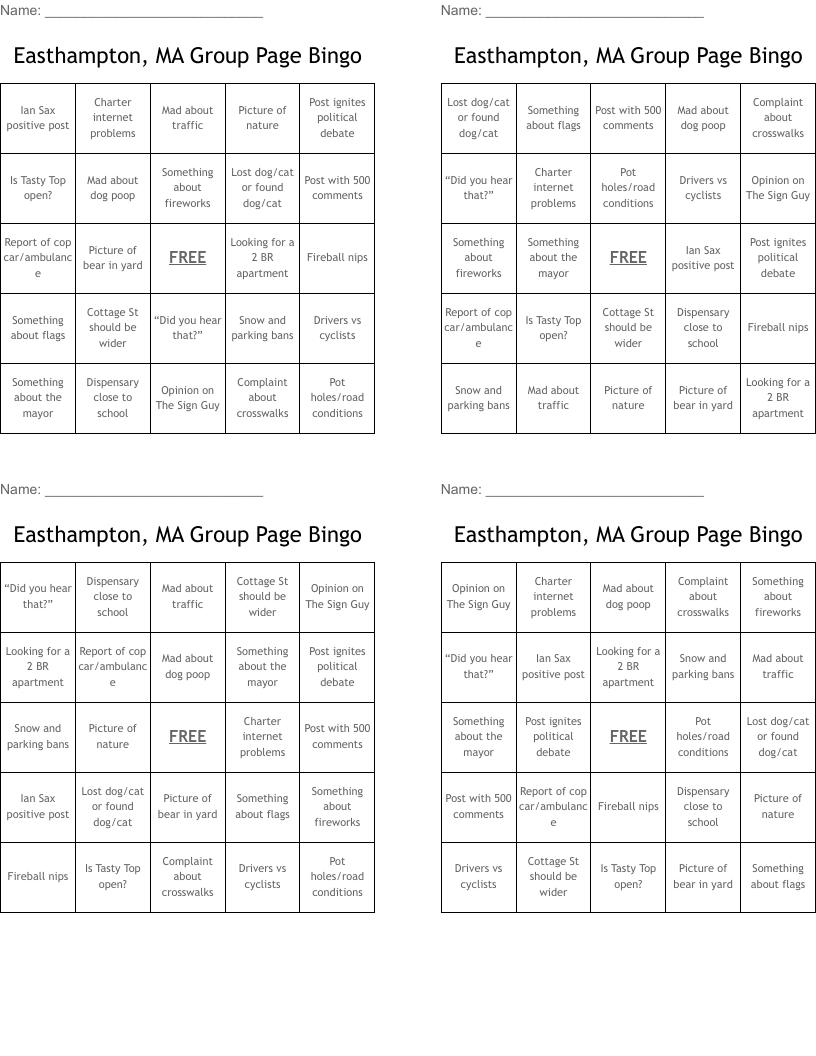 Easthampton, MA Group Page Bingo