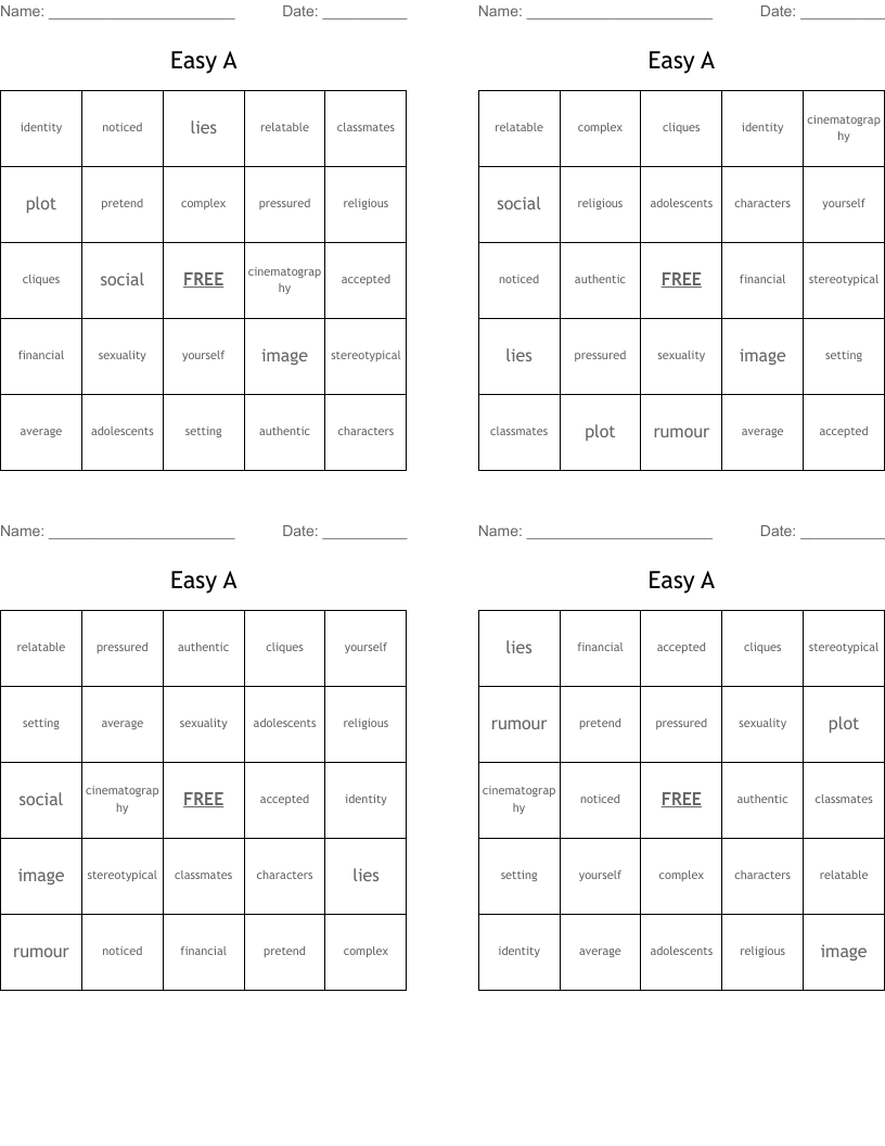 Easy A Bingo Cards
