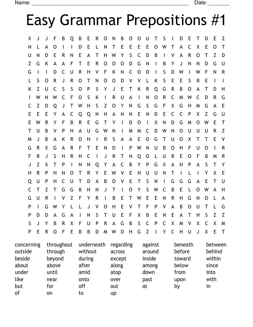 Easy Grammar Prepositions #1 Word Search