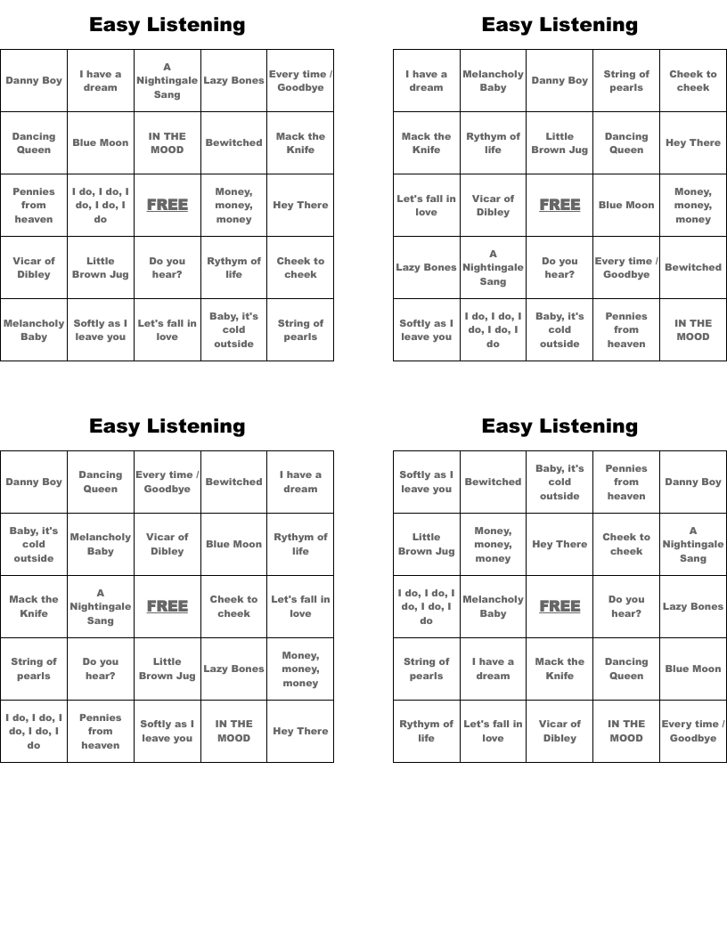Easy Listening Bingo Cards