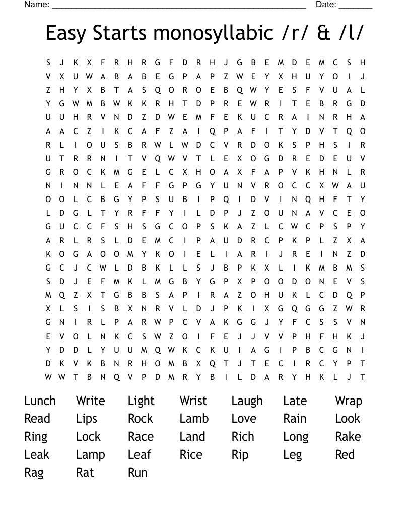 Easy Starts monosyllabic /r/ & /l/  Word Search