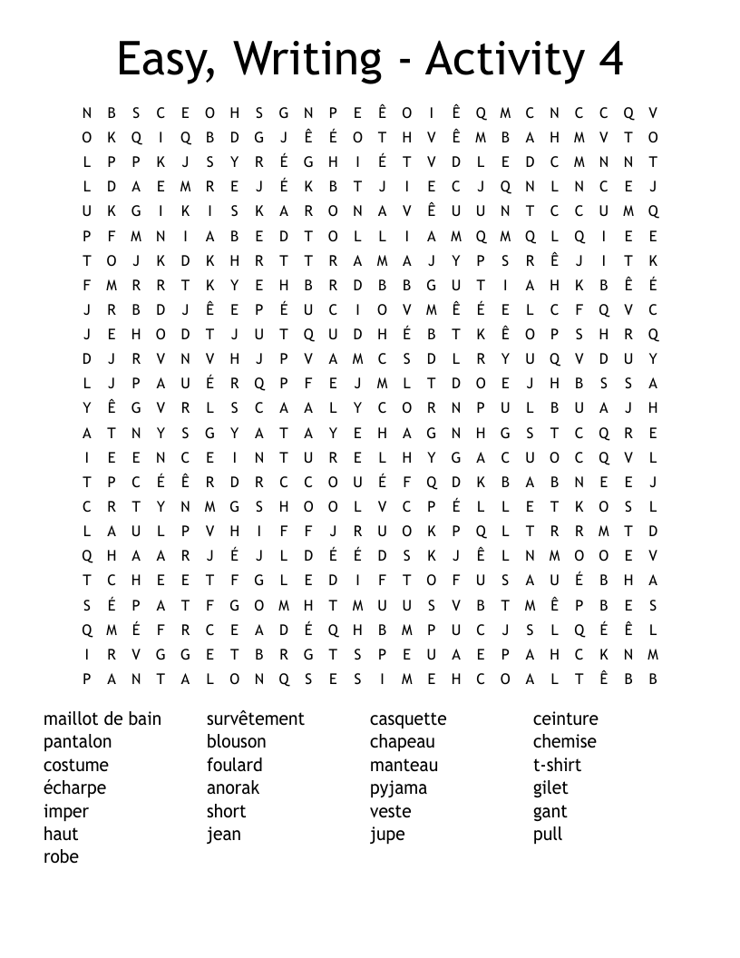 Easy, Writing - Activity 4 Word Search