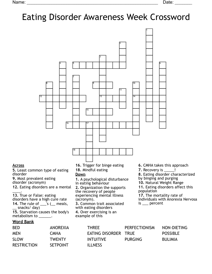 Eating Disorder Awareness Week Crossword