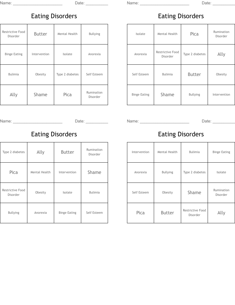 Eating Disorders Bingo Cards