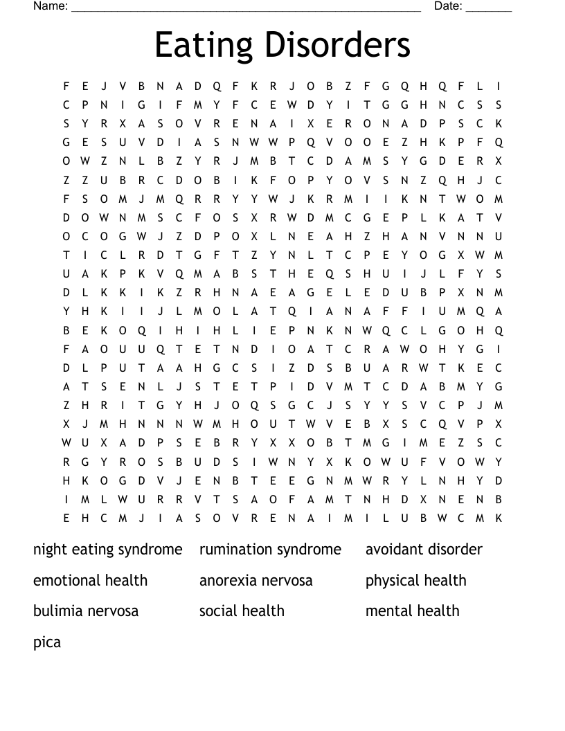 Eating Disorders Word Search