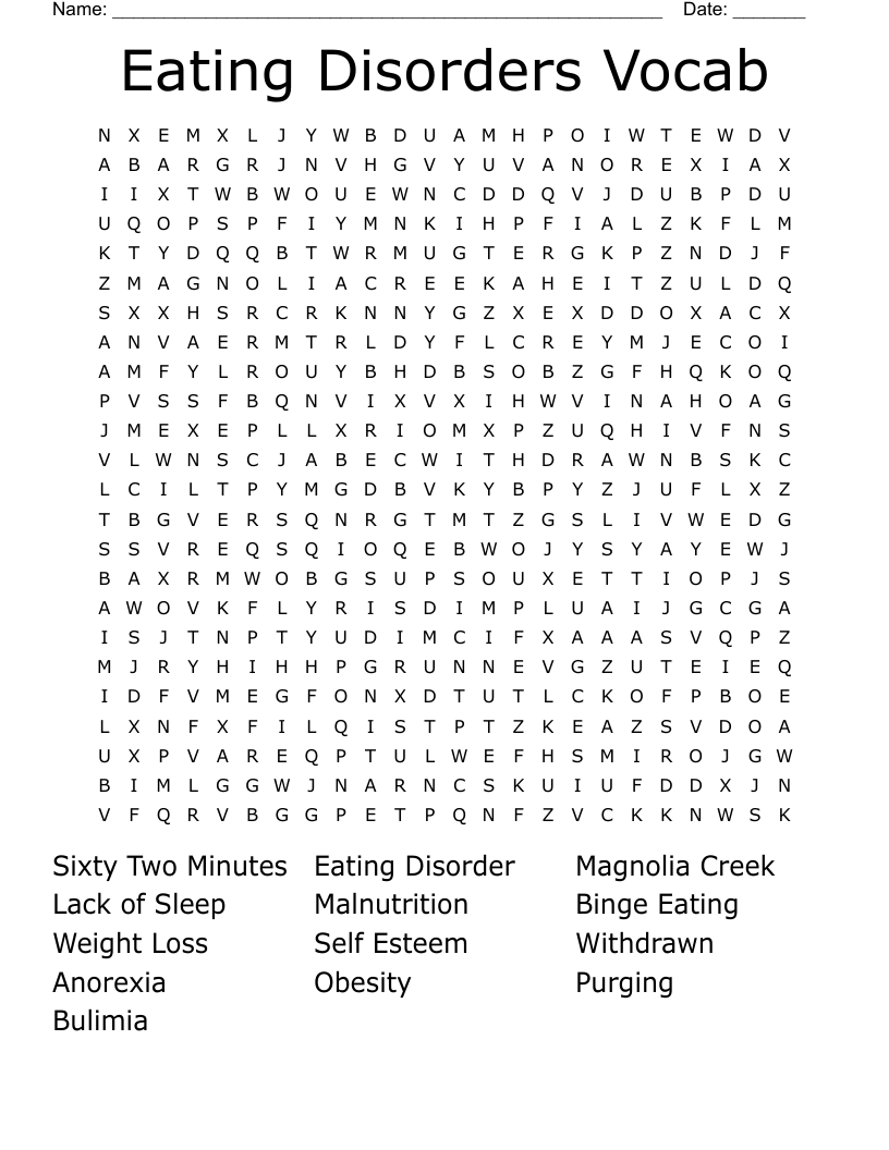 Eating Disorders Vocab Word Search